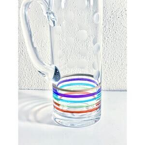 Glass Cocktail Bar Pitcher Colorful Etched Stripes Dot Thumb Print HAND BLOWN